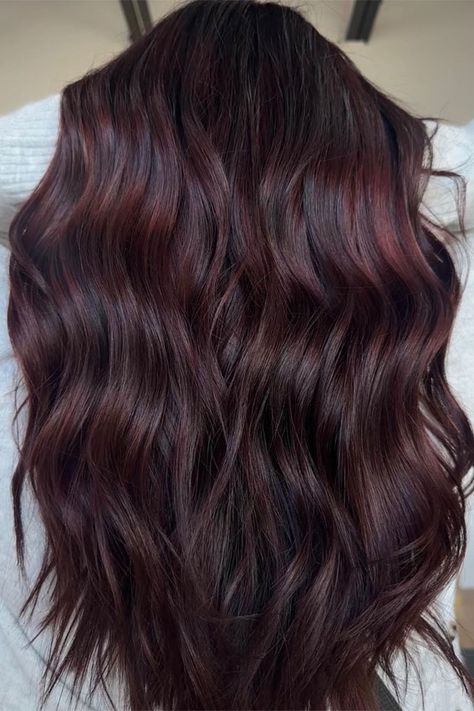 Chocolate Cola Hair, Hair Color Ideas Cherry Red, Different Dark Brown Hair Colors, Dark Hair Color Ideas With Red, Dark Brown Maroon Hair, Chocolate Cherry Red Hair Color, Shades Eq Cherry Cola, Cool Toned Burgundy Hair, Cherry Cola Lowlights