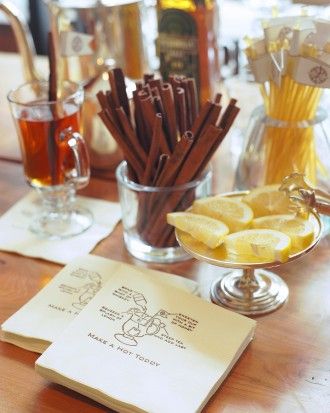 Hot Toddy Station: serve up this classic steamy cocktail to warm guests after a chilly outdoor walk from the ceremony to the reception site. Fall Signature Drinks, Winter Wedding Fashion, Food Stations, Hot Toddy, Wedding Coasters, Drink Station, Fall Cocktails, Martha Stewart Weddings, Maggie Sottero