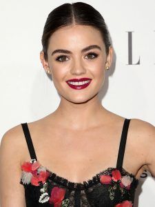 23rd Annual ELLE Women In Hollywood Awards Pale Skin Dark Hair Makeup, Soft Gamine Makeup, Gamine Makeup, Lucy Hale Makeup, Pretty Little Liars Aria, Lucy Hale Style, Fall Lips, Perfect Eyebrow, Sleek Updo