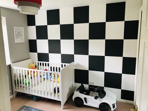 Checkered Ceiling, Hot Wheels Nursery, Checkerboard Nursery, Black And White Checkered Wall, Diy Checkered Wall, Checkered Accent Wall, Race Car Toddler Room, Checkered Wall Paint, Checkered Wall