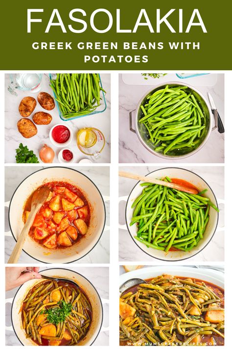 Fasolakia – Green Beans and Potatoes on a plate Greek Veggies, Green Beans With Potatoes, Greek Green Beans, Beans And Potatoes, French Green Beans, Snap Beans, Mediterranean Meals, Tomato Rice, Oil Making