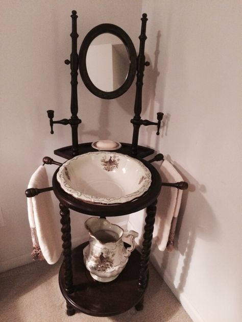 Antique Wash Basin Stand with Ironstone Pitcher and Basin                                                                                                                                                                                 More Diy Wash Basin, Antique Wash Basin, Antique Washstand, Antique Wash Stand, Pitcher And Basin, Shaving Stand, House Redesign, Victorian Bathroom, Wash Stand