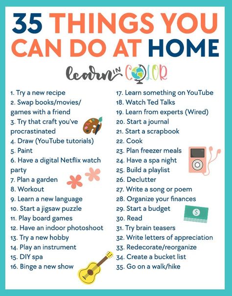 35 Activities You Can Do From Home - Learn in Color Plan A Garden, Spa Night, Things To Do At Home, Easter Basket Diy, Diy Spa, In The Bedroom, Learn A New Language, Watch Party, Skills To Learn