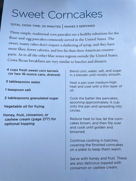 Costa Rica Blue Zone Recipes, Nicoya Costa Rica Blue Zone, Nicoya Costa Rica Recipes, Blue Zone Costa Rica, Sda Recipes, Costa Rica Recipes, Blue Zone Recipes, Blue Zones Diet, Sweet Corn Cakes