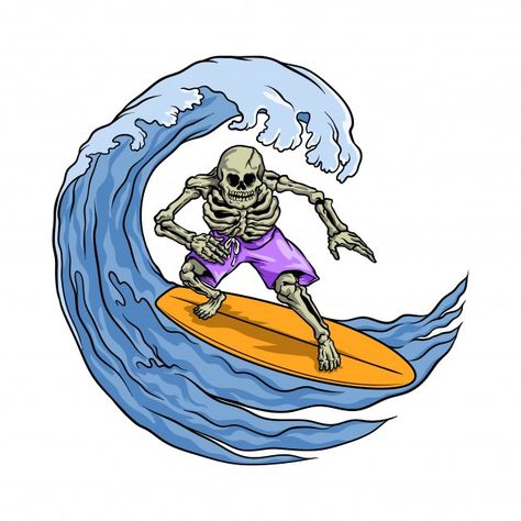 Surfing Wave Illustration, Surfing Illustration, Surf Festival, Surfing Skeleton, Wave Vector, Surfing Art, Wave Drawing, Surf Logo, Drawing Scenery