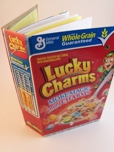 Cereal Box Craft, Diy Box Crafts, Mini Scrapbooks, Lucky Charms Cereal, Recycled Notebook, Secondary English, Cardboard Toys, Recycled Book, Bookmaking