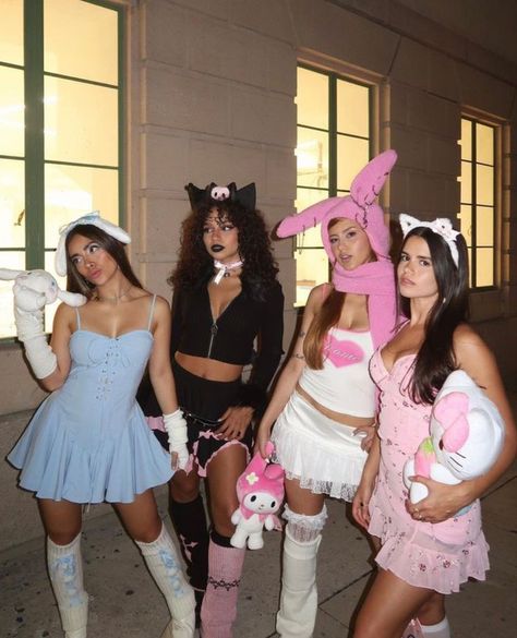 Hello Kitty Cosplay Outfit, 4 Halloween Costumes Friends, Rave Duo Outfits, Costume Group Of 4, Sanrio Rave Outfit, Halloween Costumes Hello Kitty, Sanrio Halloween Costume, Group Costume Ideas For 4, Iconic Trios Female