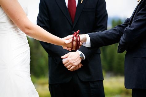 Handfasting ceremony - a tradition in Celtic betrothal or wedding ceremonies. The term is originally from Old Norse 'hand-festa' which means "to strike a bargain by joining hands."  So considering I'm Irish, Scottish and Norwegian, it's perfect.  :)  But I would probably use a tartan scarf or something rather than just a rope. Handfasting Wedding, Handfasting Ceremony, Norwegian Wedding, Hand Fasting, Beach Wedding Ceremony, Wedding Ceremony Ideas, Viking Wedding, Unity Ceremony, Baby Blessing