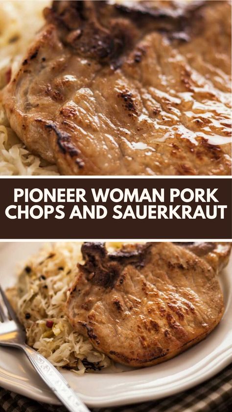 This Pioneer Woman Pork Chops And Sauerkraut recipe features center cut pork chops, sauerkraut, red apple, onion, brown sugar, and caraway seeds. It takes 90 minutes to make and serves 8 people. Pork Chops And Sauerkraut Recipes, Pork Sauerkraut Recipes, Pork Chop Sauerkraut Recipes, Sauerkraut And Pork Chops, Pork Chop And Sauerkraut Recipes, Pork Chops With Sauerkraut, Pork And Sauerkraut, Pioneer Woman Pork Chops, Center Cut Pork Chop Recipes