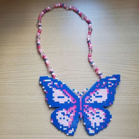 Kandi Butterfly Tutorial, Kandi Perler Fairy, Excision Perler, Kandi Perler Necklace, Rave Perler Pattern Trippy, Holographic Top, Beyond Wonderland, Blue Butterfly, Perler Beads