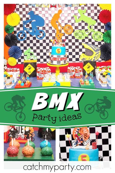 Check out this fantastic BMX birthday party! The cake is awesome! https://buff.ly/2Ef68wl #catchmyparty #partyideas #bmxbirthdayparty #boybirthdayparty Bmx Bike Party Ideas, Bmx Birthday Party Decoration, Bmx Party Ideas, Bmx Themed Birthday Party, Bmx Birthday Party Ideas, Kids Bike Party, Bike Themed Birthday Party, Bmx Birthday Party, Bmx Cake