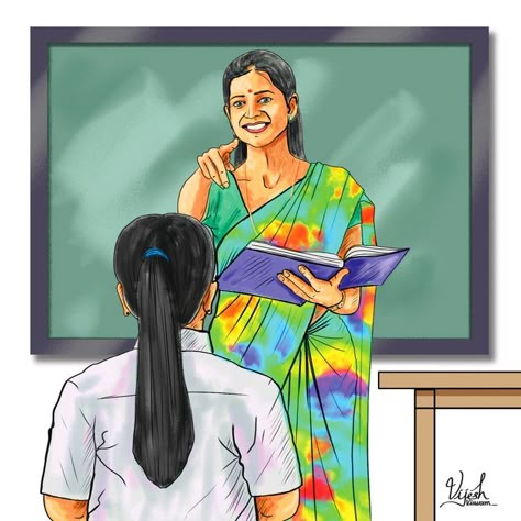 #teacher #mathrubhumi #vijeshviswam Teacher In Saree, Teacher Drawing Illustration, Teachers Day Painting, Teacher Drawing Sketch, Teacher And Student Drawing, Teacher Sketch, Indian Teacher, Teachers Day Drawing, Book Cover Art Design