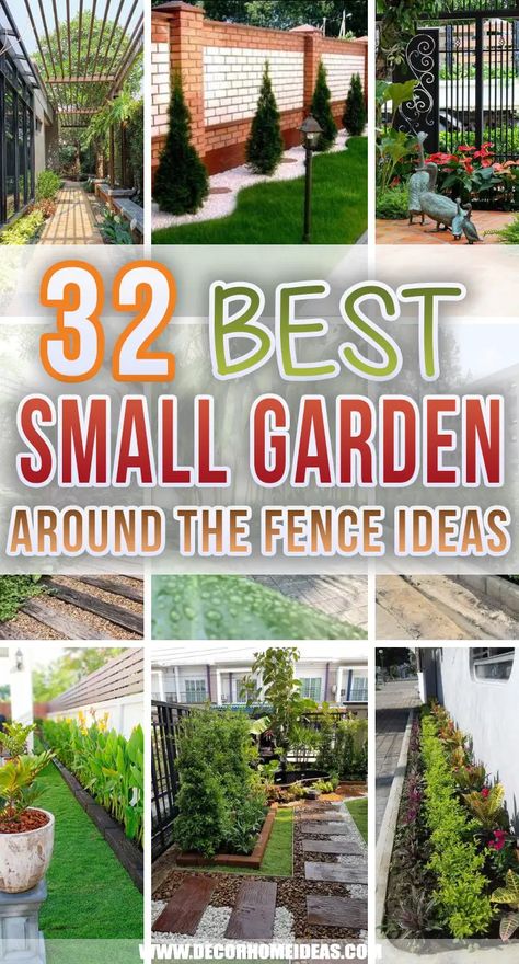 Landscping Small Garden Around The Fence Ideas. Spruce up the space around the fence with these beautiful landscaping ideas for small gardens. Add flowers, mulch, or river rocks to create more charm along the fence. #decorhomeideas Garden On A Fence Ideas, Small Lawns Ideas, Narrow Gardens Along Fences, Side Fence Garden Ideas, Small Fenced Garden Ideas, Landscaping For Small Spaces, Planting Along A Fence Landscaping Ideas, Fences With Plants, Against The Fence Landscaping