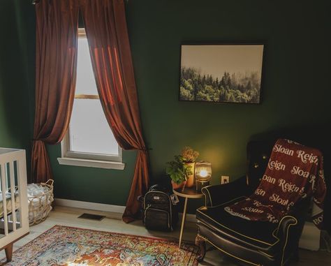 Mushroom Inspired Nursery, Dark Green Forest Nursery, Cozy Green Nursery, Sage Green And Terracotta Nursery, Moody Maximalist Nursery, Emerald Green Nursery Gender Neutral, Terracotta And Green Nursery, Nursery Ideas Dark Green, Dark Green And Pink Nursery