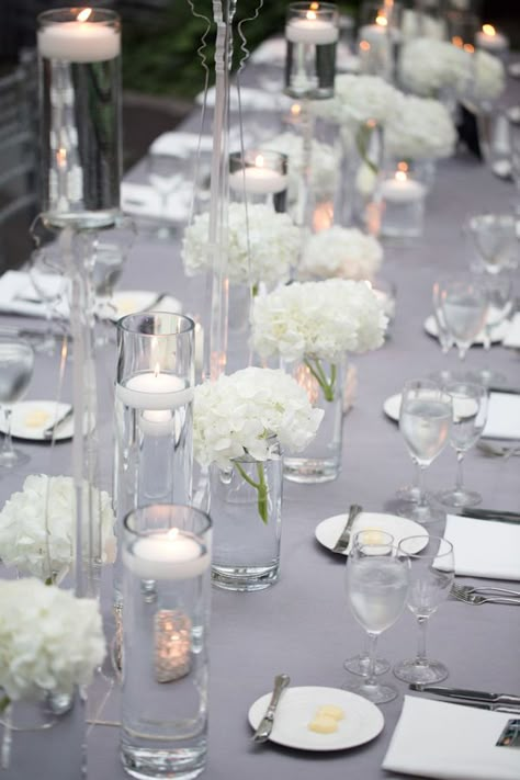 Flowers And Candles, Rustic Wedding Decorations, Hydrangea Centerpiece, Wedding Photo Gallery, Silver Table, Lilac Grey, Wedding Centerpieces Diy, Long Table, Mod Wedding