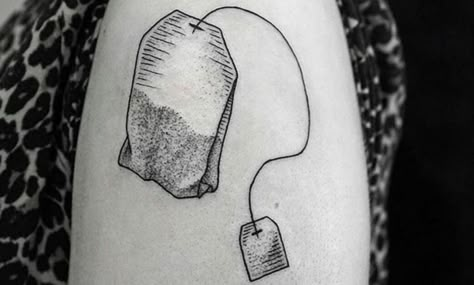 Tea Tattoo Ideas, Tea Bag Tattoo, Teabag Tattoo, Cup Of Tea Tattoo, Tea Cup Tattoo, Husband Name Tattoos, Tea Tattoo, Food Tattoos, Handpoke Tattoo