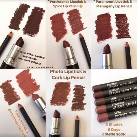 Available Now! Online @maccosmetics (Search under lip kits) #MACLipDuos  Special price $29!! *regular price $34.50 :  1. Antique Velvet Lipstick + Chestnut Lip Pencil  2. Persistence Lipstick + Spice Lip Pencil 3. Paramount Lipstick + Mahogany Lip Pencil 4. Yash Velvet Lipstick + Stripdown  Lip Pencil 5. Photo Lipstick + Cork Lip Pencil 5 Shades for 5 Days Which duo/s did you pick?  #TRENDMOOD #mac #maccosmetics  #makeupoftheday #motd #makeupoftheday #mua #ilovemakeup #makeup #makeu... Brown Lips, Best Mac Makeup, Lip Pencil Colors, Mac Lipstick Shades, Lipstick For Fair Skin, Makeup Brushes Guide, Lip Liners, Makeup Help, Brown Lipstick