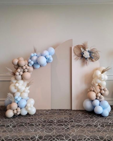 Blue Boho Balloon Garland, Blue White Tan Balloon Garland, Blue And Tan Balloon Garland, Blue And Beige Balloon Garland, Blue Boho Party Decor, Boho Beach Balloon Garland, Neutral Blue Baby Shower Ideas, Balloon Garland With Pampas, Balloon Arch With Pampas