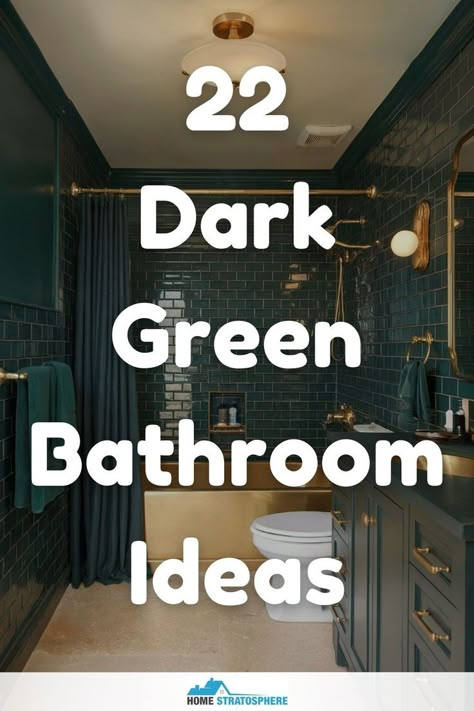 A dark green bathroom with glossy tiles and gold finishes, showcasing a large vanity and a cozy, stylish atmosphere. Green Colour Bathroom, Dark Green Tile Bathroom Ideas, Black Tan And Green Bathroom, Dark Green Academia Aesthetic Bathroom, Green Bathroom Makeover, Green Bathroom Mid Century, Teal And Green Bathroom, Green Boho Bathroom Ideas, Small Moody Green Bathroom