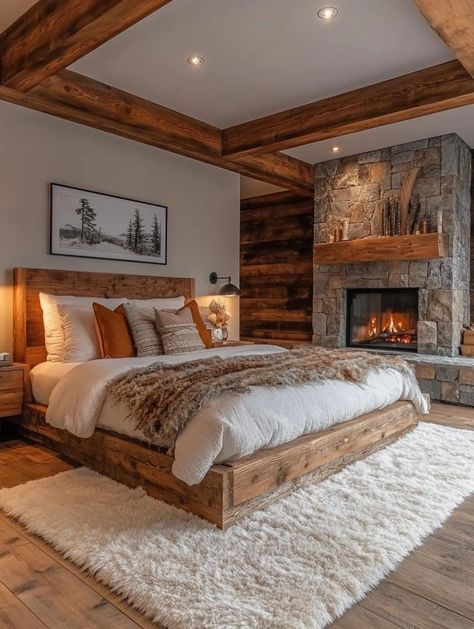 Barndominium Master Bed, Wood Feature Wall Bedroom, Forest Cabin Interior, Cabin Chic Bedroom, Ranch House Bedroom, Log Cabin Bedroom Ideas, Woodsy Home, Log Cabin Bedroom, Bedroom With Fireplace