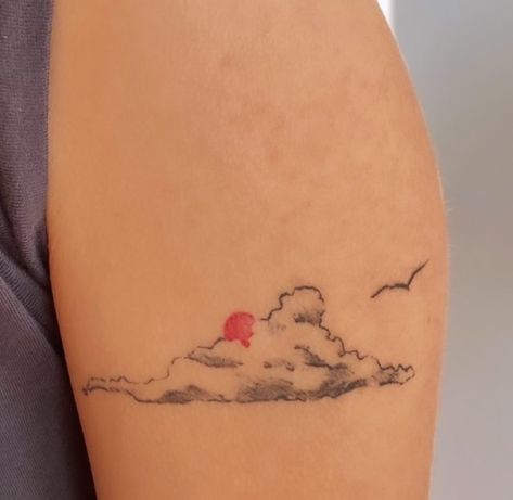 Tattoo Of Clouds, Sunrise Fine Line Tattoo, Sun Behind Clouds Tattoo, Stormcloud Tattoo, Tattoo Ideas To Cover Scars, Dreamy Tattoo Ideas, Sun And Clouds Tattoo, Soft Tattoo Aesthetic, Head In The Clouds Tattoo