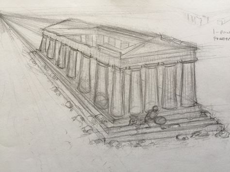 Greek Temple, 2014, Pencil Temple Perspective Drawing, Greek Temple Drawing, Olympus Drawing, Greek Plates, Perspective Ideas, Greek Buildings, Architecture Journal, Temple Drawing, Greek Temple