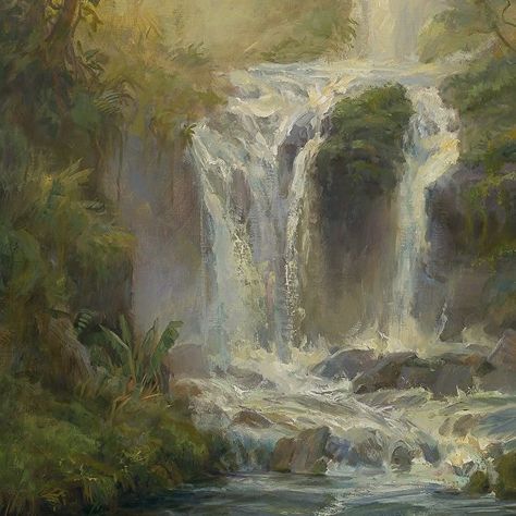 Landscape Oil Paintings Trees, Waterfall Paintings, Waterfall Art, Plant Painting, Watercolor Landscape Paintings, Fantasy Places, A Signature, Diy Canvas Art Painting, Romantic Art