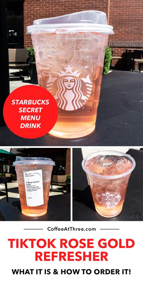 Starbucks TikTok Rose Gold Refresher Drink Rose Gold Drinks, Starbucks Tiktok Drink, Rose Gold Starbucks Drink, Rose Gold Refresher Starbucks, Starbucks Caramel Drinks, Refresher Starbucks, Summer Tea Recipes, Summer Coffee Drinks, Flavored Iced Tea Recipes