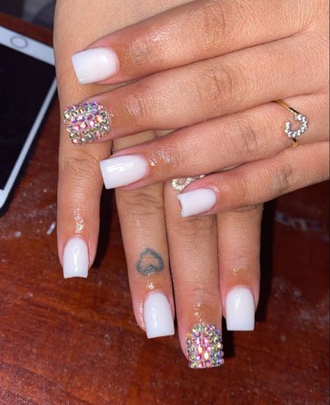 White Short Nails With Rhinestones On Ring Finger, Short Nail Set With Rhinestones, Short White Square Acrylic Nails With Rhinestones, Shorts Nails With Rhinestones, Short Square Gem Nails, Cute Short Acrylic Nails With Rhinestones, Cute Short Acrylic Nails Square With Rhinestones, Real Short Acrylic Nails Square, Short Nails Ideas With Diamonds