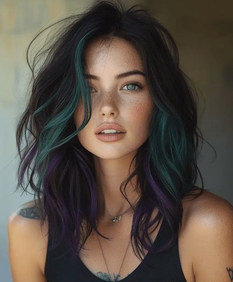 Forest Green Hair Dark, Green Money Piece Hair, Witchy Hair Color, Child Of Hecate, Hazelnut Hair, Christmas Hair Color Ideas, Holiday Hair Color, Christmas Hair Color, Witchy Hair