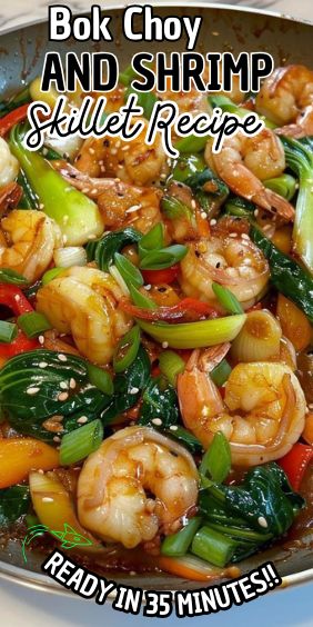 Bok Choy and Shrimp Skillet Broccolini And Shrimp Recipe, Chinese Shrimp Recipes Easy, Asian Shrimp Stir Fry Recipes, Prawn Recipes Asian, Shrimp Vegetable Soup, Shrimp And Cauliflower Recipes, Shrimp Vegetable Recipes, Shrimp Bokchoy Stirfry Easy, Shrimp And Brown Rice Recipes