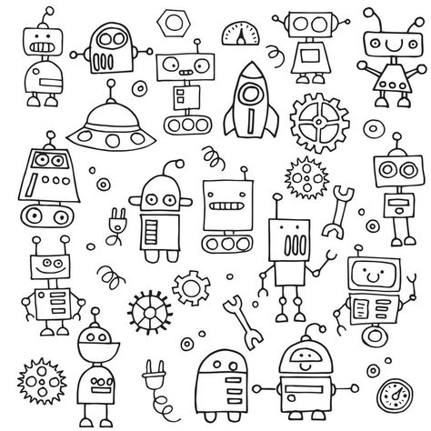 Technology Doodle Art, Robot Illustration Design, Cute Robot Drawing, Robot Doodle, Black And White Doodles, Robot Drawing, Mural Cafe, Robot Theme, Illustration For Kids