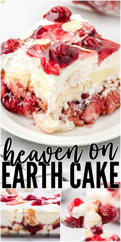 Delicious layers of angel food cake, tart cherries, sweet pudding, and whipped cream come together to create a decadent dessert worthy of the name. Lighter than air, Heaven on Earth Cake is blissfully out of this world. Earth Dessert, Sweet Casserole, Heaven On Earth Cake, Whip Cookies, Cherry Recipe, Refrigerator Cake, Angel Food Cake Desserts, Buckeyes Recipe, Earth Cake