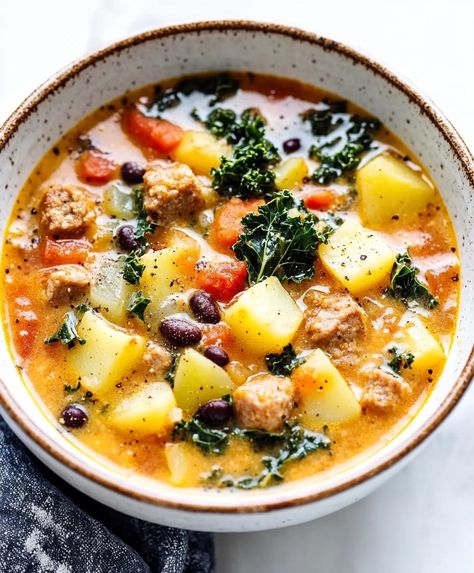 Sausage Potato And Kale Soup Recipe Kale Recipes Soup, Chicken And Kale Soup, Parmesan Cream Sauce Recipe, Kale Sweet Potato Soup, Kale Sausage Soup, Sausage Potato Kale Soup, Potato And Kale Soup, Portuguese Kale Soup, Creamy Kale