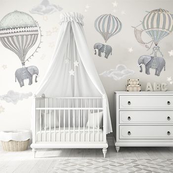 Create a Dreamy Elephant Nursery with this Kit. Includes every you need to create the perfect Elephant nursery, Hot Air Balloon wall decals, actual color swatches and an easy install guide. All created exclusively for you by artist Beverley Wolter. 3 Elephants, Baby Nursery Inspiration, Baby Boy Room Decor, Nursery Room Design, Girl Nursery Room, Baby Boy Room Nursery, Baby Room Inspiration, Baby Room Wall, Baby Room Design