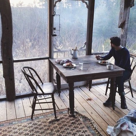 cabin porch by a Hannah Ferrara via instagram @Hannah Mestel Ferrara | Another Feather Cabin Porch, Up House, Cabin Life, Screened In Porch, Cabins In The Woods, The Words, Ramen, Interior And Exterior, A Table