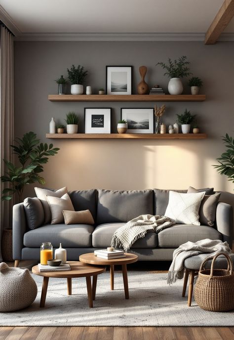 Grey Couch Living Room Grey Couch Decor, Dark Wood Living Room, Grey Couch Living Room Ideas, Dark Grey Couch, Dark Grey Couch Living Room, Scandinavian Living Room Ideas, Grey And Brown Living Room, Room Decor Gray, Grey Walls Living Room