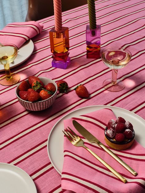 Raspberry Stripe Napkin Set Striped Tablecloths, European Linens, Linen Set, Modern Dining, Napkins Set, Stripe Print, Bright Pink, Tablescapes, Dinner Party