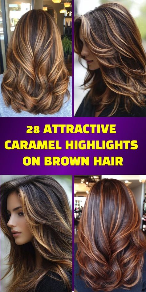 Discover 28 elegant caramel highlights on brown hair that create a stunning, multi-dimensional effect. These caramel highlights offer a beautiful contrast to brown hair, providing a range of options from soft, blended highlights to striking, defined streaks. Caramel Highlights On Blond Hair, Fall Hair For Brown Hair, Ombré Highlights On Brown Hair, Carmel Brown Balayage Hair, Chunky Caramel Highlights On Dark Hair, Long Hair Highlights And Lowlights, Fall Highlights For Brown Hair Caramel, Long Caramel Hair, Dark Brown Hair With Highlights Medium Length