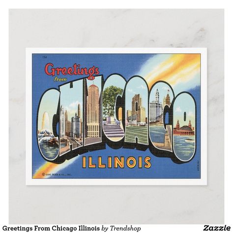 Greetings From Chicago, Chicago Postcard, Chicago Vintage, Illustration Travel, Chicago Shopping, Travel Postcard, Postcard Art, Famous Landmarks, Vintage Theme