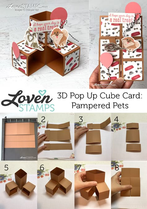 Pampered Pets Cards that Move: How to Make a Triple Cube Pop-Up Card - LovenStamps Pop Up Cube Card, Pop Cubes, Pop Up Card Templates, Fancy Fold Card Tutorials, Pop Up Box Cards, Pampered Pets, Interactive Cards, Shaped Cards, Card Making Tutorials