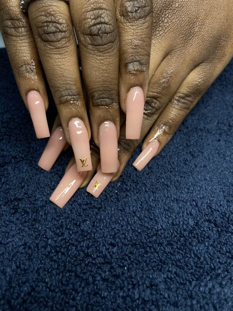 nude nails glitterbels lv stickers lv nails blacko people nails black hands lv mid length nails Mid Length Nails Acrylic Coffin, Nails Acrylic Nude Color, Mid Length Nails Acrylic, Black People Nails, Lv Stickers, Nude Nails Acrylic, Mid Length Nails, Nude Baddie Nails, Nails Inspiration Black