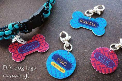 DIY Shrinky Dinks dog tags with free printable Shrinky Dink Crafts, Diy Dog Collar, Shrinky Dink, Dog Crafts, Plastic Crafts, Dog Id Tags, Shrink Plastic, Animal Projects, Diy Dog