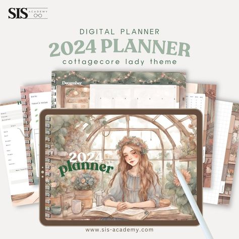 2024 Digital Planner | Cottagecore Lady (Free! Desktop Wallpaper) Good Notes Templates Free Planner, Digital Planner Free Download, Planner Pdf Free, Notes Templates, Free Planner Templates, Free Daily Planner, Samsung Notes, Digital Journaling, Weekly Planner Free