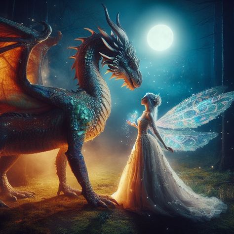 the love between a magnificent, iridescent-scaled dragon and a delicate, ethereal fairy. Dragon And Fairy, Iridescent Dragon, Ethereal Fairy, Faery Art, Pegasus Unicorn, Mythical Creatures Fantasy, Forest Party, Colored Pictures, Fantasy Animals