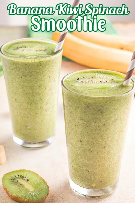 Green smoothies are easy to make and packed with vitamins and minerals. This Banana Kiwi Spinach Smoothie has just 4 ingredients, but it is full of flavor. It is a great option for breakfast on the go. It is also the perfect way to refuel after a hard workout! Banana Kale Smoothie, Kiwi Smoothie Recipes, Kiwi Banana Smoothie, Vegetable Smoothie Recipes, Banana Spinach Smoothie, Green Smoothie Benefits, Spinach Smoothie Recipes, Smoothie Benefits, Spinach Benefits