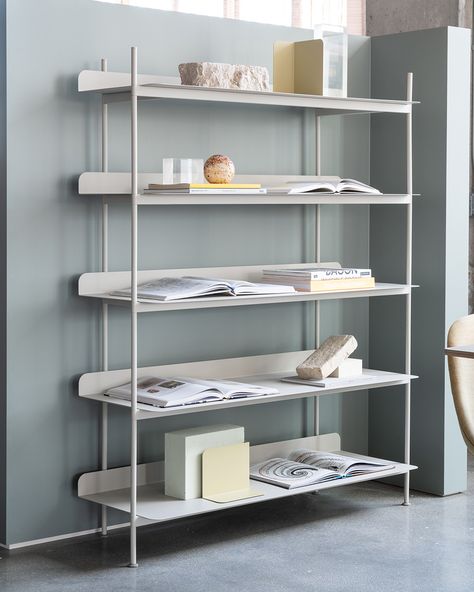 With its simple and refined expression, the Compile Shelving System from Muuto features clean lines in a solid construction. The lower wall on the back of each shelf gives the Compile Shelving System an understated sense of detailing along with added functionality. Create your own personal Compile Shelving System from its simple components or choose one of the eight pre-arranged solutions. #scandinaviandesign #homedecor #muutodesign Office Space Inspiration, Storage Inspiration, Scandinavian Living, Steel Shelf, Shelving Systems, Steel Furniture, Shelf Design, Functional Storage, 인테리어 디자인