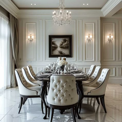 10+ Bright and Beautiful White Wall Paneling Inspirations • 333+ Art Images Panelling Dining Room, Neoclassical Bedroom, French Dining Room, Neoclassical Interior Design, White Wall Paneling, Dining Room French, Cozy Baby Room, Tranquil Bedroom, Neoclassical Interior