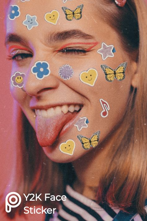 Have some fun with your portraits, search through our Y2K stickers, and use our Erase option to create fun edits like these! #Y2KSticker #Grunge Stickers On Face, Face Stickers Makeup, Y2k Face, Sticker Face, Creative Self Portraits, Y2k Stickers, Makeup Stickers, Creative Photoshoot Ideas, Creative Shot