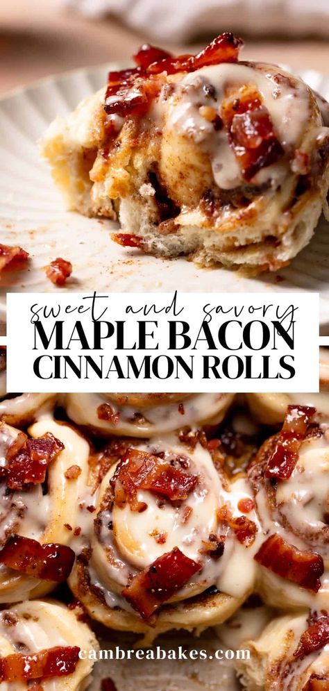 Get ready for the ultimate breakfast treat! These bourbon maple bacon cinnamon rolls feature all of your breakfast favorites in one - maple syrup, crispy bacon, and gooey cinnamon rolls. Enjoy this sweet and salty cinnamon roll for breakfast or dessert! Maple Bacon Muffins, Cinnamon Rolls With Toppings, Caramel Bacon, Savory Cinnamon Recipes, Savory Breakfast Sides, Cinnamon Rolls With Bacon Inside, Maple Bacon Crescent Rolls, Maple Bacon French Toast, Maple Bacon Dessert Recipes